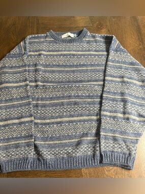 Vintage Bill Blass Men's Blue Fair Isle Crewneck Sweater Large